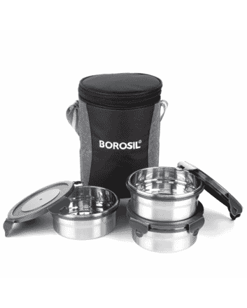 Borosil Stainless Steel Lunch box with Carry Bag Set of 3- Silver- (400 ml x 1, 250 ml x 2)